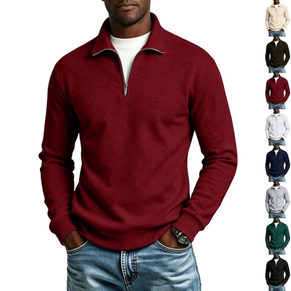 GrmtClth Men's Quarter Zip Stand Collar Sweatshirt Lightweight Knit Long Sleeve Polo Shirt Plush Fleece Lined Sweaters Wine S