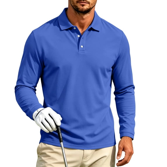 GrmtClth Men's Quick Dry Moisture Wicking Long Sleeve Golf Polo Collared Loose Fit Soft Solid Tone Office Travel Sport Daily T-Shirt Royal Blue L