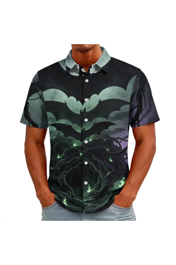 Men’s Relaxed Fit All Over Print Button Down Shirt Short Sleeve Halloween Ghost Bat Pumpkin Rust Skull Collar Outdoor Casual Blouse Wine 5XL