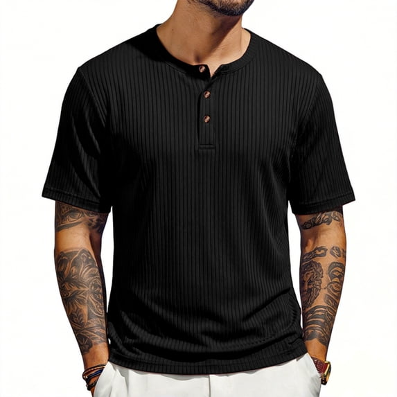 GrmtClth Men's Ribbed Henley T Shirt 2026 Short Sleeve Slim Fit Soft Stretch Casual Daily Wear Fashion Tee Tops Black L