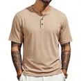 thumbnail image 1 of GrmtClth Men's Ribbed Henley T Shirt 2026 Short Sleeve Slim Fit Soft Stretch Casual Daily Wear Fashion Tee Tops Khaki M, 1 of 5