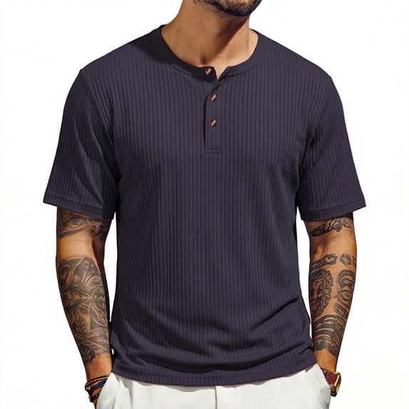 GrmtClth Men's Ribbed Henley T Shirt 2026 Short Sleeve Slim Fit Soft Stretch Casual Daily Wear Fashion Tee Tops Navy 3XL