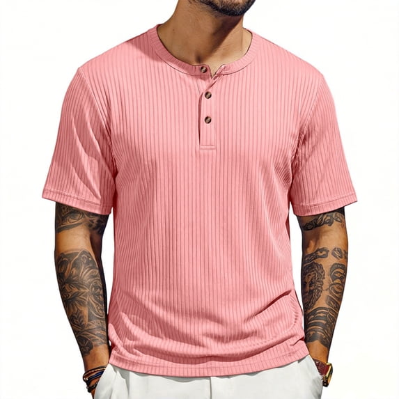 GrmtClth Men's Ribbed Henley T Shirt 2026 Short Sleeve Slim Fit Soft Stretch Casual Daily Wear Fashion Tee Tops Pink S