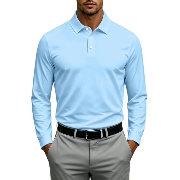 GrmtClth Men's Rollable Cuff Lapel Collar Golf Polo Shirts, Three Button Placket Relaxed Fit Lightweight Daily Basic Athletic Tops Sky Blue 3XL
