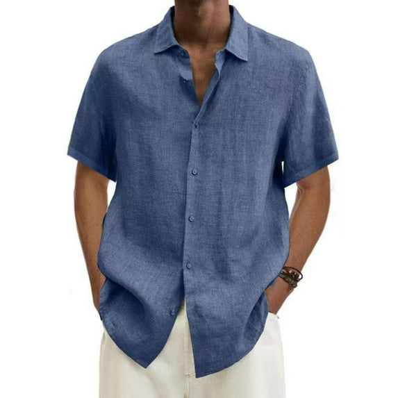 GrmtClth Men's Shirts 2026 Breathable Linen Tops Classic Short-Sleeved Tee Trendy Button Down Blouse Collared Blue M