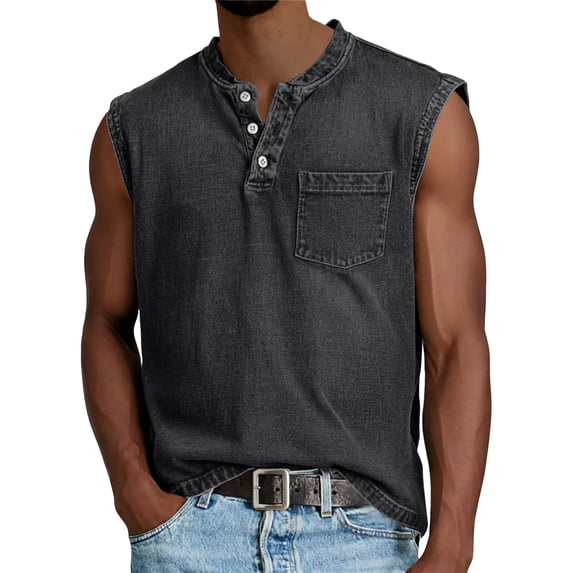 GrmtClth Men's Sleeveless Shirts Distressed Washed Denim Tank Tops Henley Button Down Relaxed Fit Vintage Tops Workout Solid Beach Tops Boxy Tee Shirts with Pocket Black 2XL