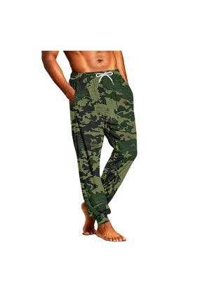 Men's Soft Fabric Elastic Ankle Camo Jogger Sleep Trousers Adjustable Drawstring Waist Daily Indoor Lounge Pants Green L
