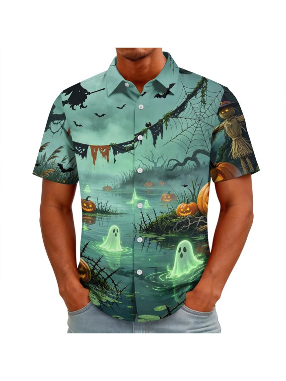 Men’s Spooky Season Staple Collar Shirt Short Sleeve Castle Spider Ghost Bat Pumpkin Full Print Soft Collar Casual Party Blouse Wine XL