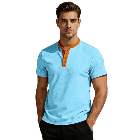 GrmtClth Men's Stand Collar Henley T-Shirt Color Block Short Sleeve Casual Button Top with Contrast Trim Light Blue M