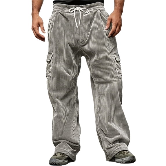 GrmtClth Men's Streetwear Casual Cozy Corduroy Trousers Daily Relaxed Fit Cargo Pants Outdoor Soft Casual Pants Light Gray XL