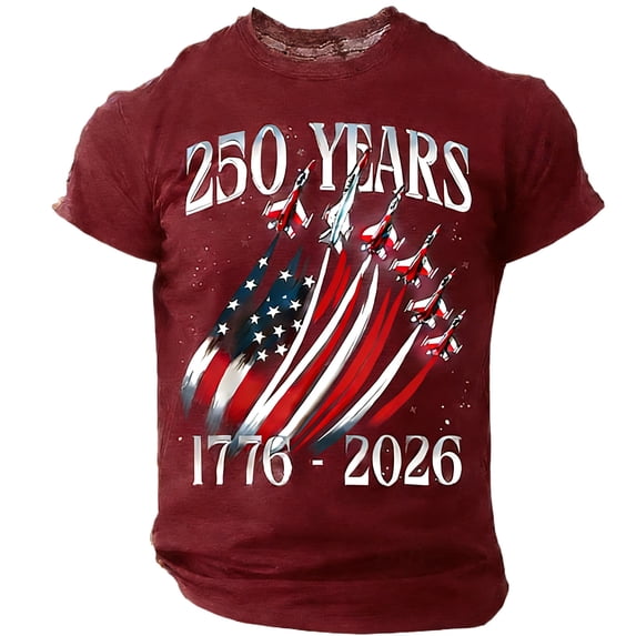 GrmtClth Men’s Summer Walking Patriotic T Shirt 1776-2026 250th American Fighter Plane USA Flag Retro Casual Camping Tee Wine 3XL