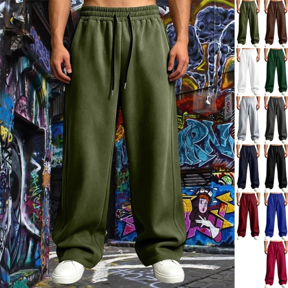GrmtClth Men's Sweatpants Wide Leg Baggy Jogger Soft Cotton Drawstring Waist Multi Color Casual Loose Fit Slacks With Pockets Army Green XL