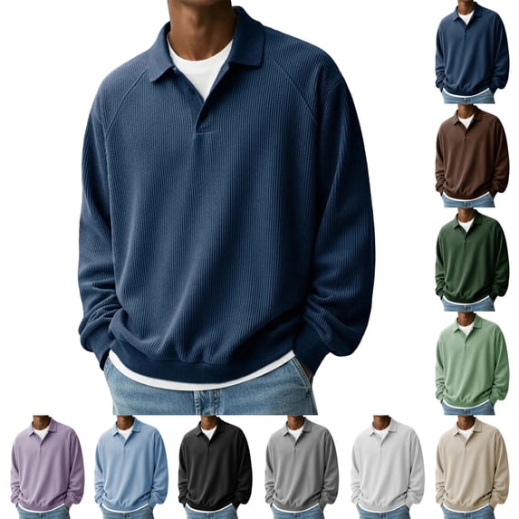 GrmtClth Men's Sweatshirt Collared Button Lapel Long Sleeve Solid Polo Pullover Fall Winter Cozy Loose Fit Daily Casual Outfit Navy 2XL