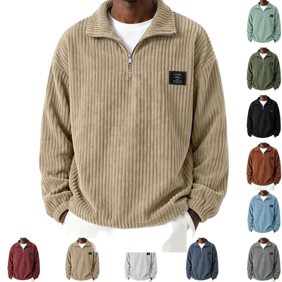 GrmtClth Men's Sweatshirt Corduroy Mock Neck Quarter Zip Pullover Long Sleeve Fashion Fall Winter Daily Sweaters Khaki 3XL