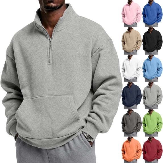 GrmtClth Men's Sweatshirt Quarter Zip Autumn Pullover Collar Long Sleeve Tops Spacious Kangaroo Pocket Shirts 2XL
