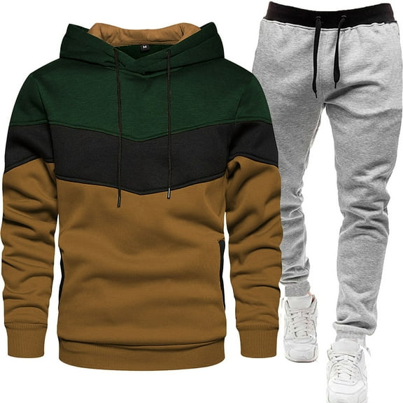 GrmtClth Men's Sweatsuits 2 Piece Novelty Color Block Hoodie and Sweatpants Soft Comfy Long Sleeve Lounge Jogging Suit Sets Coffee S