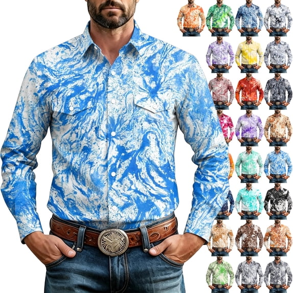 GrmtClth Men's Tie Dye Printed Shirts Slim Fit Long Sleeve Button Up Satin Dress Shirt Relaxed Fit Lightweight Fancy Athletic Tops L
