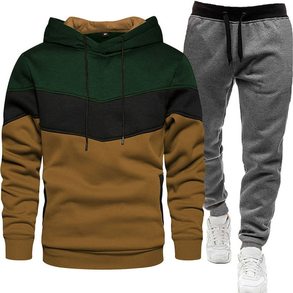 GrmtClth Men's Tracksuit 2 Piece Stylish Color Block Hoodie and Sweatpants Soft Comfy Long Sleeve Lounge Outfits Green XL