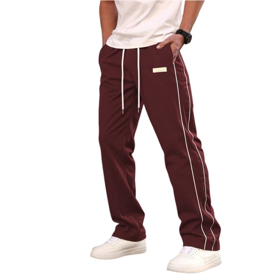 GrmtClth Men's Trousers Casual‑style Tone Side Double Line With Tag Drawstring Waist Straight Leg Pants Urban Clothing Wine L