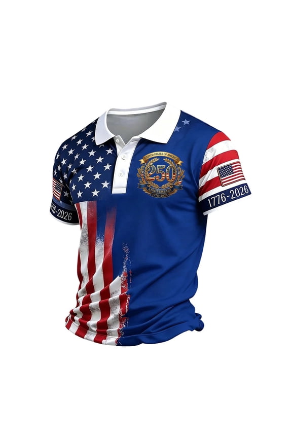 Men's US 250th Anniversary Golf Shirt American Flag Print Short Sleeve Breathable Comfort Tee Royal Blue 2XL