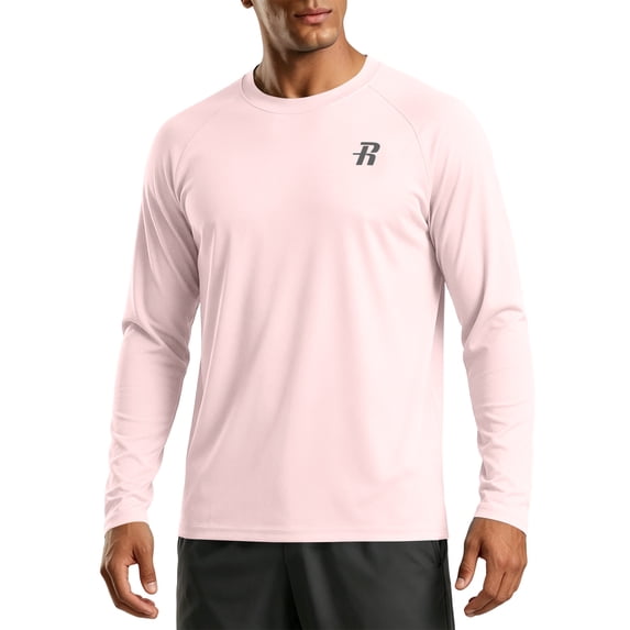 GrmtClth Men's UV Protection Raglan Long Sleeve Crew Neck Tee, Small Chest Logo Loose Fit Spring Summer Outdoor Layering Tops Pink L