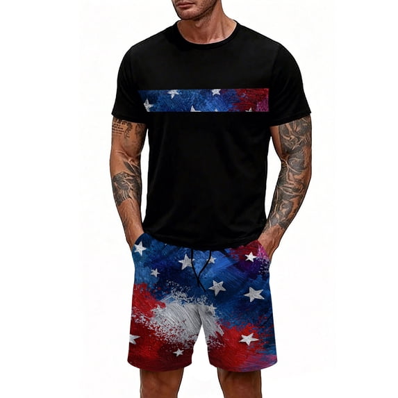 GrmtClth Men's Usa Flag 2 Piece Outfits Independence Day 4th Of July Tee and Shorts Set Casual Short Sleeve Outfit Fashion Elastic Drawstring Clothing Royal Blue L