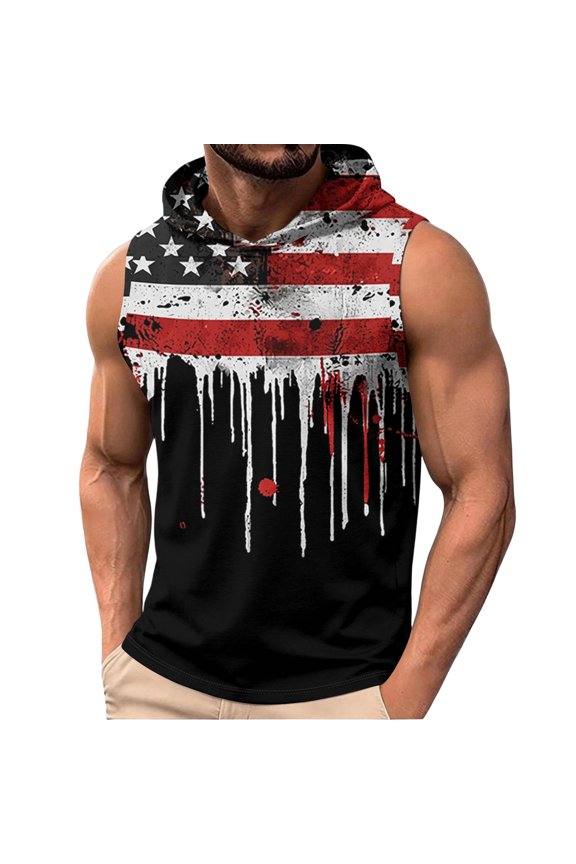 Men's Usa Flag Hooded Tank Tops Independence Day 4th Of July Slim Fit Gym Hoodie Sleeveless Workout Muscle Shirt Sporty Bodybuilding Clothes Black M