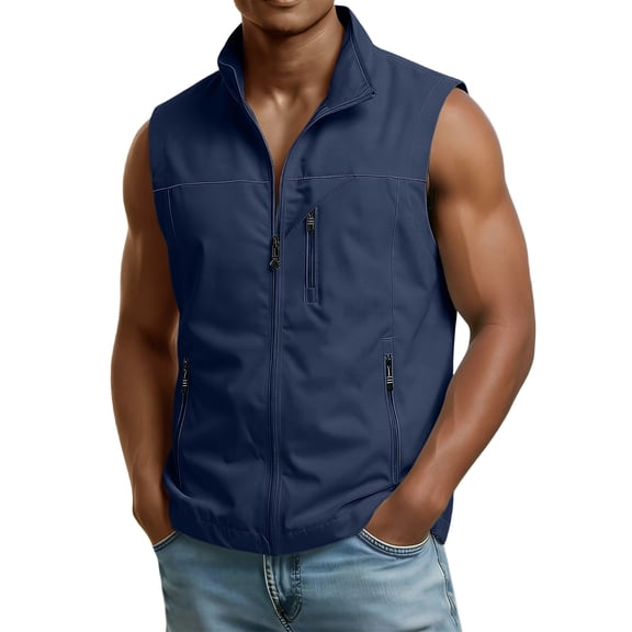 GrmtClth Men's Utility Softshell Vest Hiking Camping Multiple Zippered Pockets Sleeveless Jacket Casual Waterproof Outdoor Waistcoats Lightweight Clothing Dark Blue XL