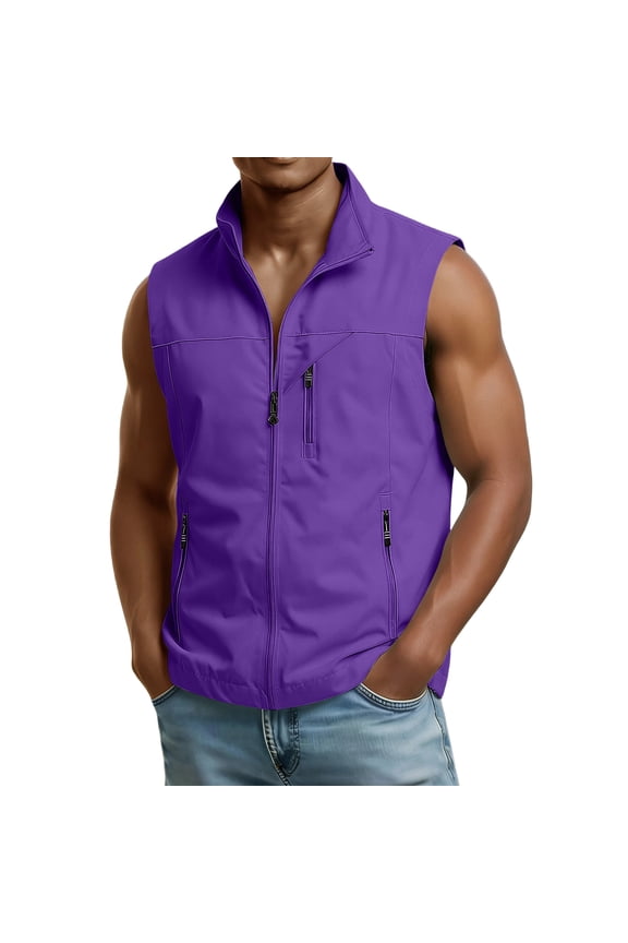 Men's Utility Softshell Vest Hunting Multiple Zippered Pockets Sleeveless Jacket Casual Waterproof Outdoor Waistcoat Lightweight Clothes Purple M