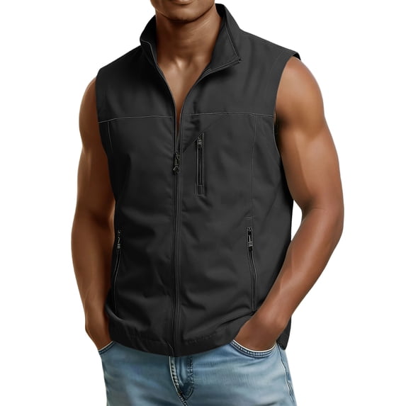 GrmtClth Men's Utility Softshell Vest Travel Safari Multiple Zippered Pockets Sleeveless Jacket Casual Waterproof Outdoor Waistcoat Lightweight Clothing Black XL
