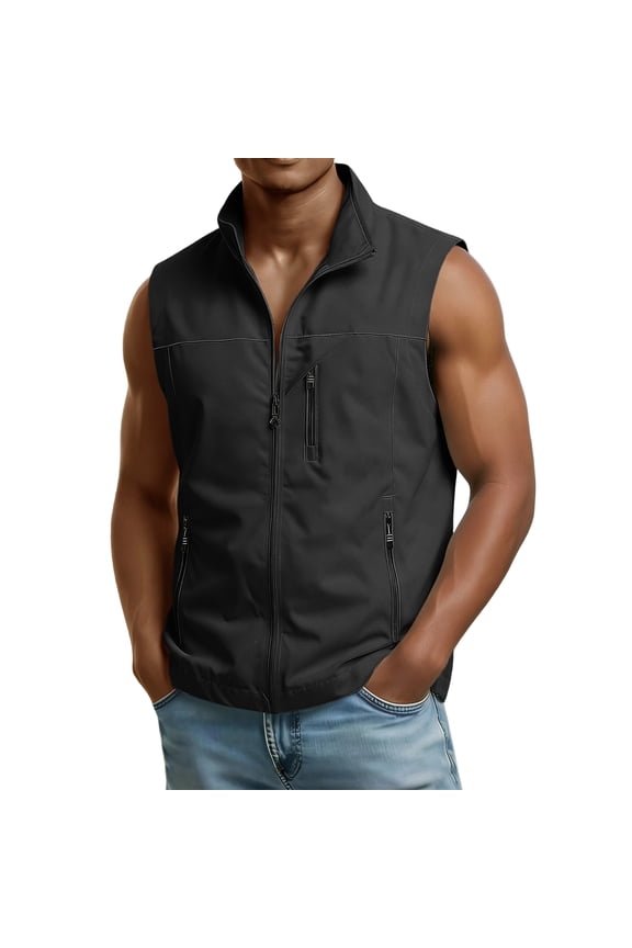 Men's Utility Softshell Vest Travel Safari Multiple Zippered Pockets Sleeveless Jacket Casual Waterproof Outdoor Waistcoats Quick Dry Clothing Black L