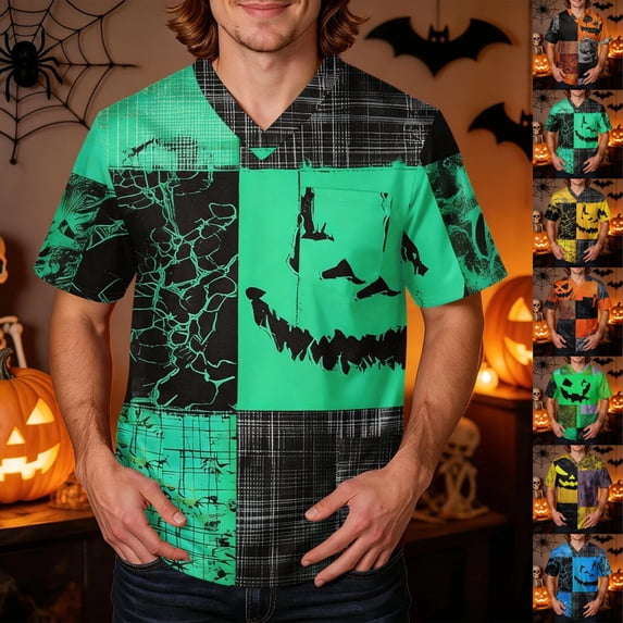 GrmtClth Men's V Neck Halloween Workwear Shirts Multi Tone Patchwork Pumpkin Spooky Pattern Lightweight Skin Friendly Fabric Short Sleeve Pocket Scrub Tops Green 3XL