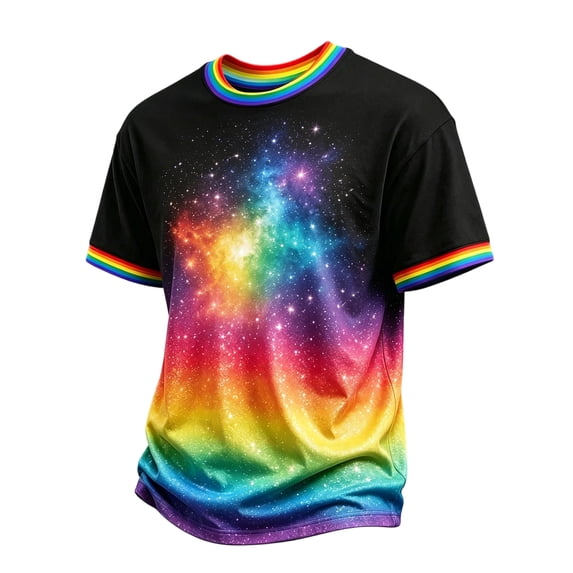 GrmtClth Men's Vibrant Rainbow Galaxy T-Shirt Ombre Nebula Print with Rainbow Ribbed Trim LGBTQ+ Pride Short Sleeve Tee Pink 3XL
