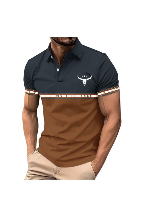 Men's Vintage Aztec Print Polo Shirt Ethnic Western Inspired Color Block Short Sleeve Casual Top for Daily Wear Navy L