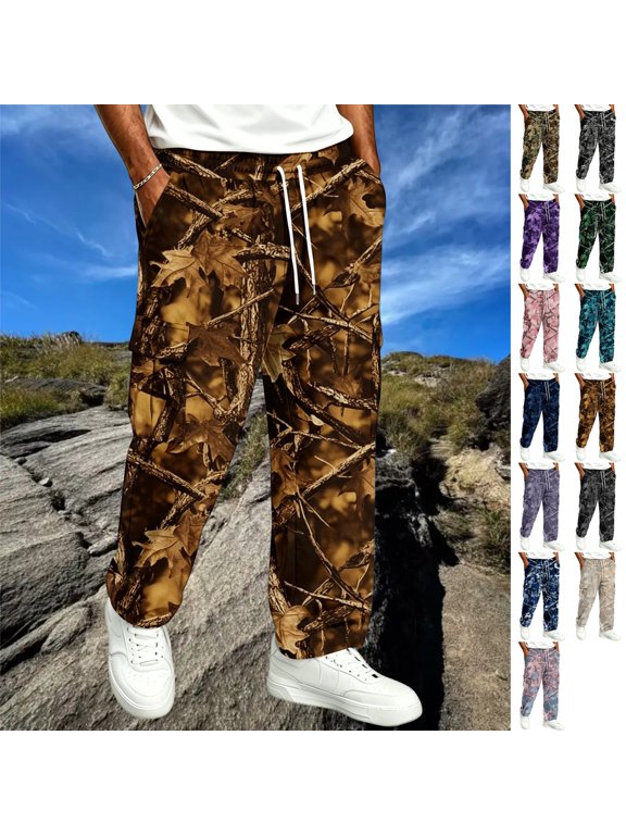 Men's Vintage Leaf Camo Cargo Pants Relaxed Wide Leg Drawstring Elastic Waist Multi Storage Pocket Trousers Earthy Yellow 3XL