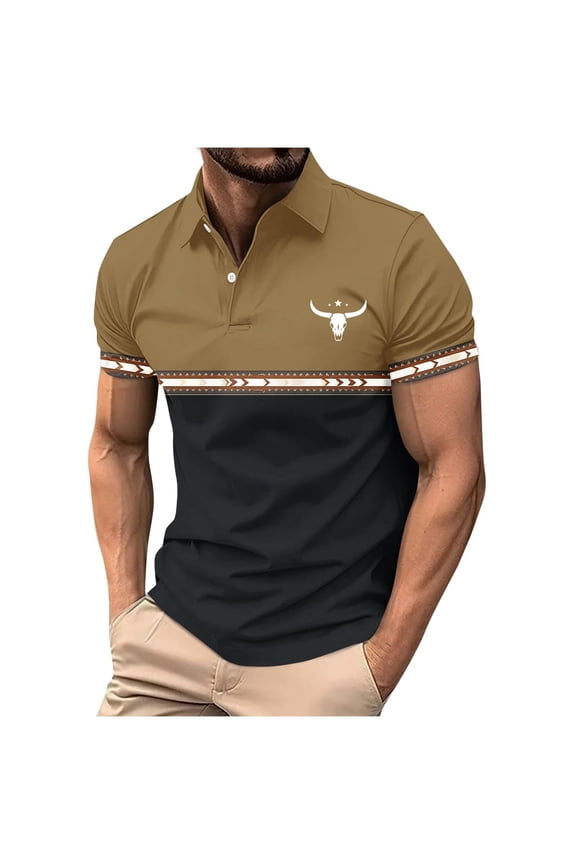 Men's Vintage Style Polo Shirt Ethnic Aztec Western Print Color Block Short Sleeve Casual Summer Tee Yellow 3XL