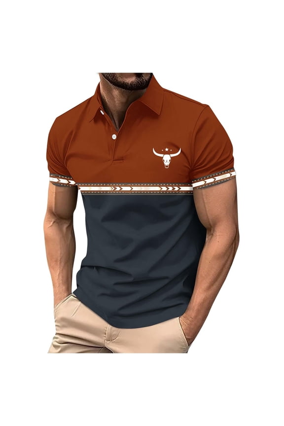 Men's Vintage Western Polo Shirt Ethnic Aztec Print Color Block Short Sleeve Casual Top for Summer Streetwear Brown 3XL