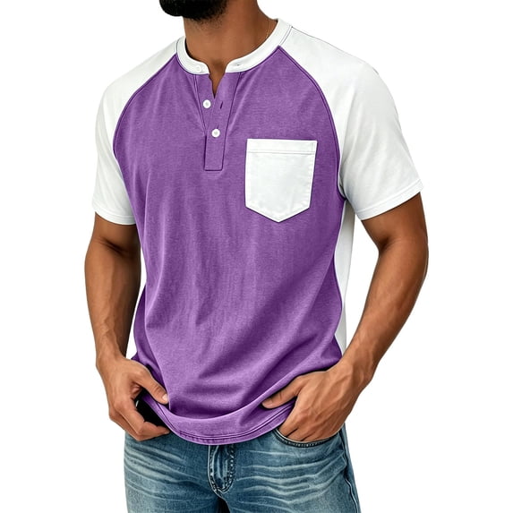 GrmtClth Men's Waffle Knit Henley Shirt Casual Short Sleeve Raglan T-Shirt with Chest Pocket Lightweight Button Placket Tops Summer Everyday Wear Baseball Style Tees Purple 3XL