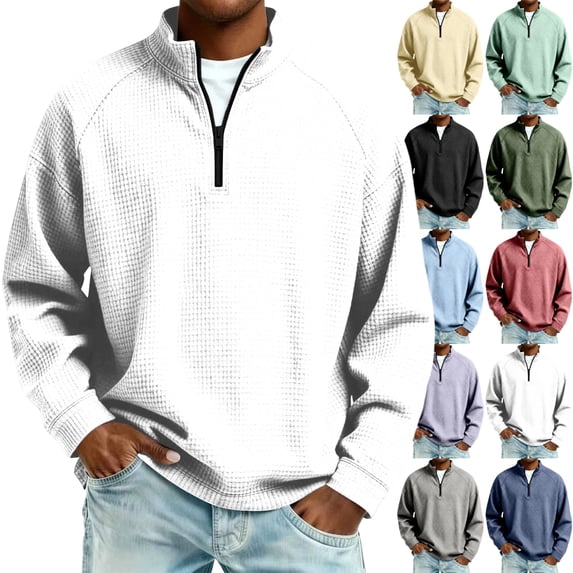 GrmtClth Men's Waffle Knit Quarter Zip Mock Neck Sweatshirts Long Sleeve Half Zip Front Design Soft Skin Friendly Daily Business Golf Sweater Tops White S