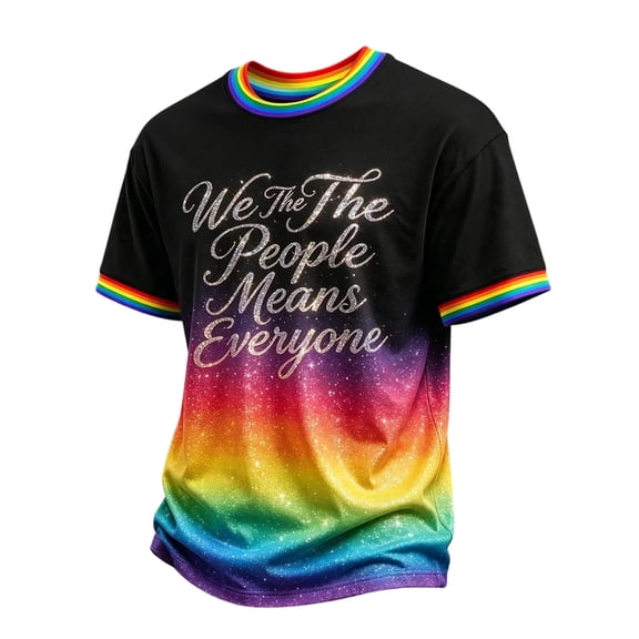 GrmtClth Men's "We The People Means Everyone" Print T-Shirt Rainbow Trim Crew Neck Short Sleeve LGBTQ+ Support Top Black XL