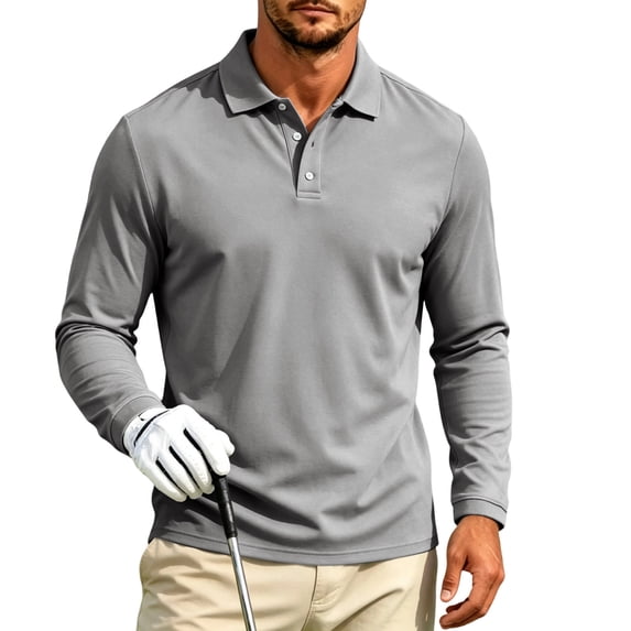 GrmtClth Men's Wrinkle Resistant Long Sleeve Golf Polo Collared 3 Button Placket Breathable Light Fabric Sport Office Daily Walking T-Shirt Gray M