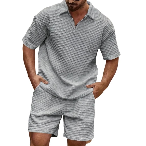 GrmtClth Mens 2 Piece Waffle Outfits Loose Fit Short Sleeve Sports Suit Spring Short Pants Tracksuit Sets Trend Gray L
