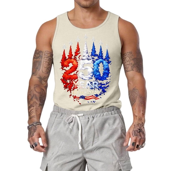 GrmtClth Mens 250 Years Usa Tank Top Anniversary American Flag Pattern Tee Gym Sleeveless Tops Trend 1776-2026 Print Shirts Khaki 3XL