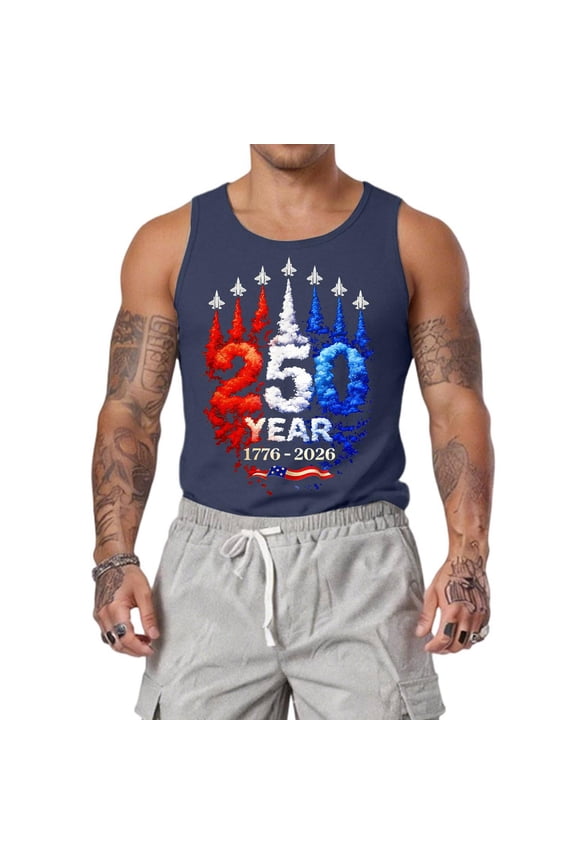 Mens 250 Years Usa Tank Top Casual American Flag Pattern T-Shirts Gym Sleeveless Top Trend 1776-2026 Print Shirts Royal Blue 2XL
