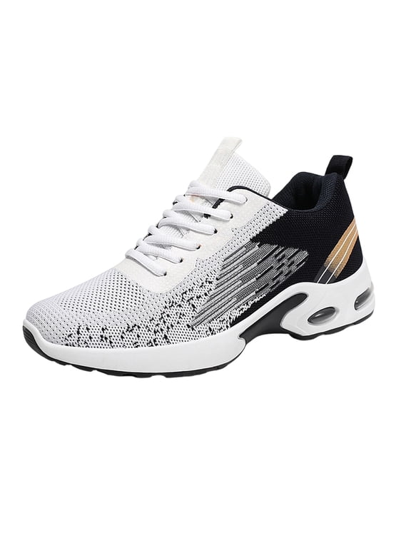 Mens Air Cushion Platform Running Sneakers Breathable Flying Knit Lace Up Shock Absorb Non Slip Casual Walking Sport Shoes Black (US/7.5)