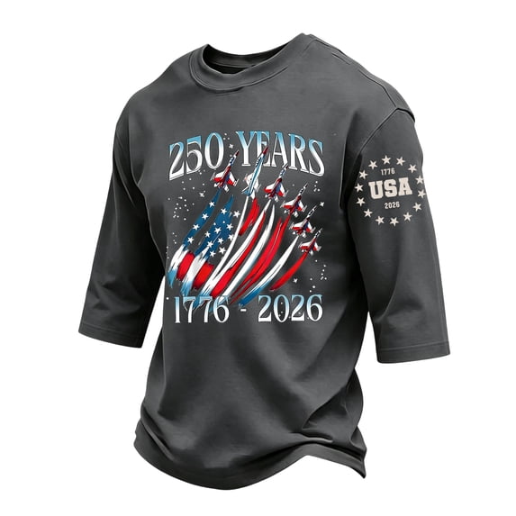 GrmtClth Mens American Flag Shirt Independence Day Fourth Of July Top Summer 3/4 Sleeve T-Shirt Lightweight Comfortable Round Neck Clothes Dark Gray 2XL