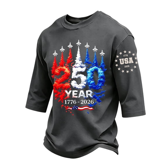 GrmtClth Mens American Flag Shirt Independence Day Usa 250 Years Birthday Tops Vintage 3/4 Sleeve T-Shirt Trendy Soft Round Neck Wear Dark Gray 2XL
