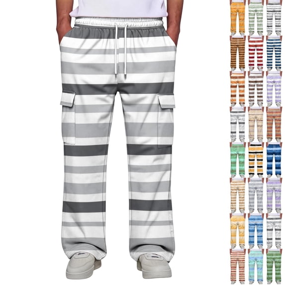 GrmtClth Mens' Baggy Striped Cargo Pants Horizontal Stripe Drawstring Waist Soft Blend Casual Workout Slacks Gray M