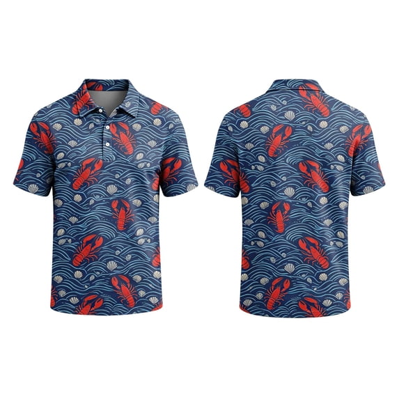 GrmtClth Mens Beach Short Sleeve Polo Top Cute Seashell Crayfish Lobster Pattern Short Sleeve Button Placket Lightweight Summer Cruise Polo Tee Highlighted With Faint Ocean Texture Yellow M