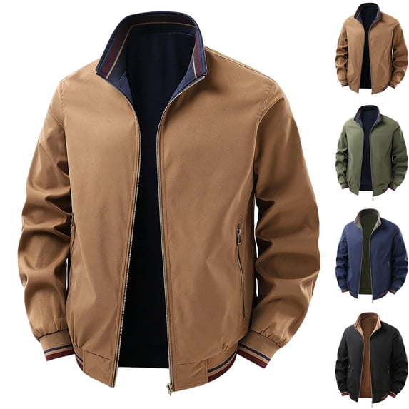GrmtClth Mens Bomber Jacket Stand Collar Full Zip Lightweight Windproof Spring Fall Casual Outer Coat Khaki L